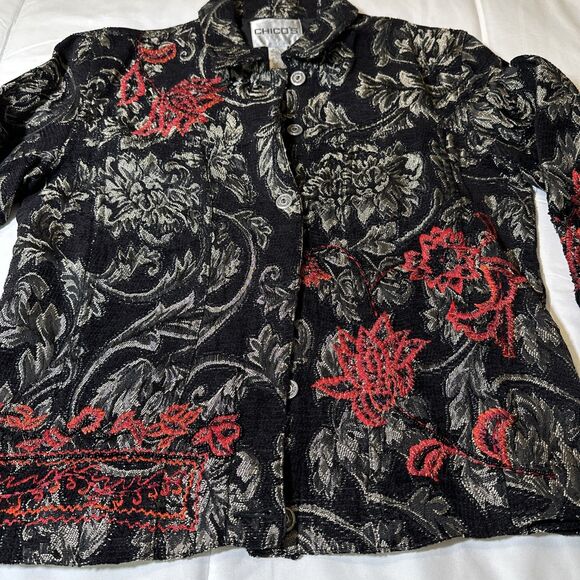 Women’s Chicos Embroidered Beaded Black Gold Red Blazer Jacket Career Size 1 - Picture 10 of 14
